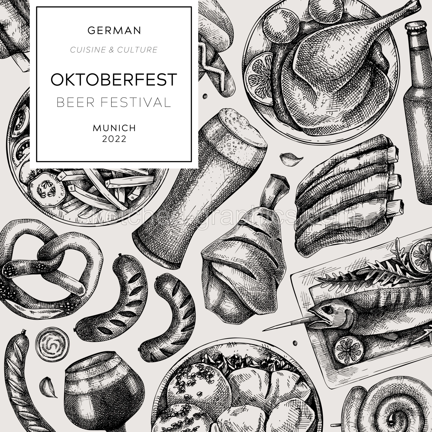 Oktoberfest square flyer template. German food and drinks menu design in sketched style. Vector meat dishes sketches. German cuisine banner. Beer festival illustration. Oktoberfest background Illustration